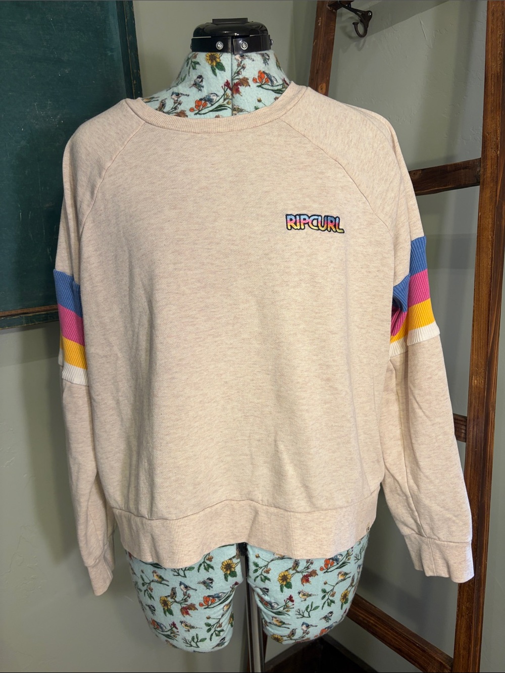 Rip Curl Cream Crewneck Sweater with Multicolor Stripe Sleeves